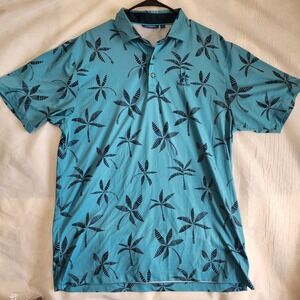 Devereux Mens L  Papu Bay Golf Polo Shirt Blue Palm‎ Trees Performance Stretch